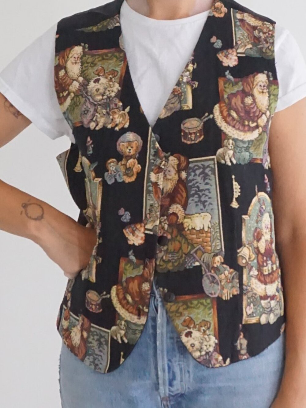 Vintage Cleo Black Teddy Bear Patchwork Tapestry Boho Santa Holiday Vest M